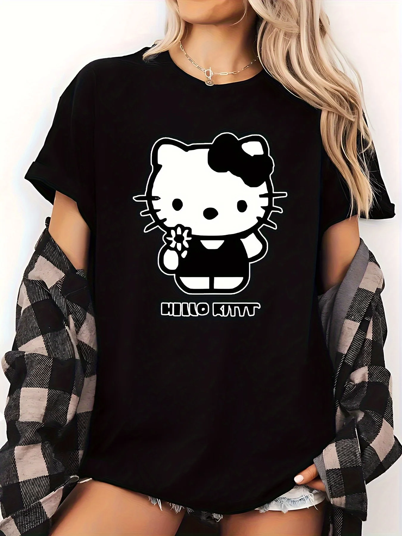 

Women'S for Hello Kitty Pattern T-Shirt- Soft Short Sleeve Casual Top, Featuring Cute Triple Design, Black and White Print