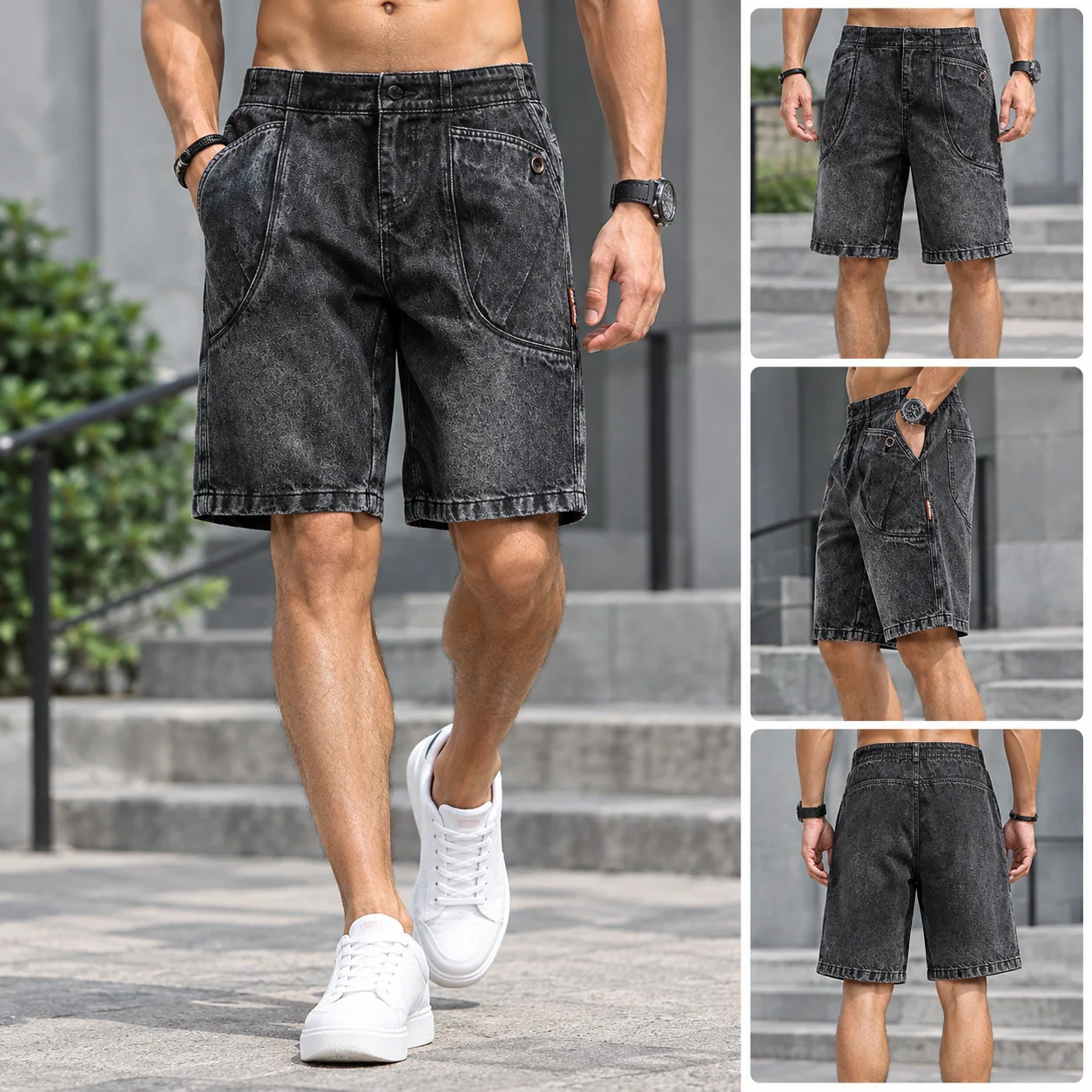 Men's Denim Cargo Shorts Summer Washed American-style Loose Fit Vintage Y2K Streetwear Five Quarter Utility Shorts for Men
