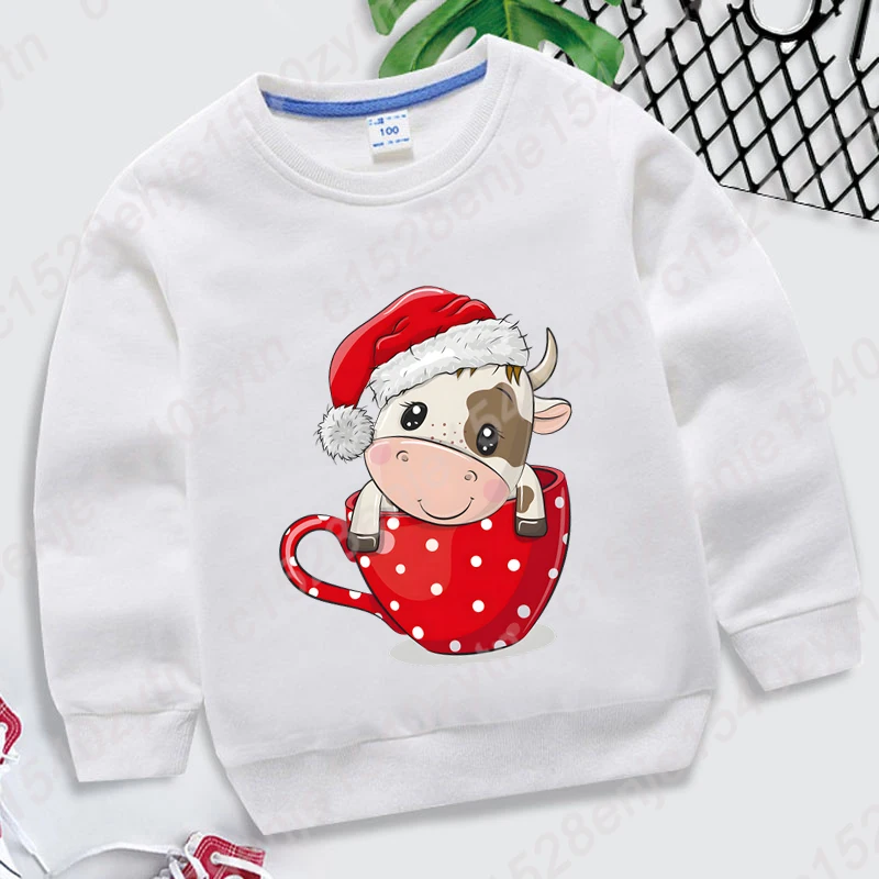 Funny Christmas Cow Print Sweatshirts Creative Children Autumn Winter Round Neck Hoodeless Pullovers Kids Boys Girls Casual Tops