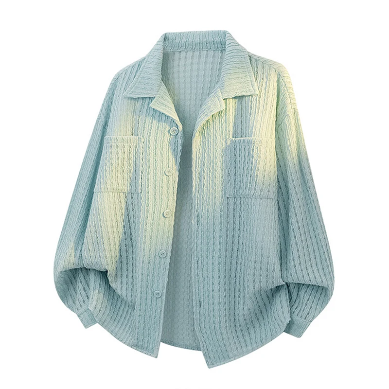 

American Cut-outs Knit Shirt Men Spring Autumn Retro Lapel Texture Versatile Coats Casual Loose Breathable Pockets Black Tops