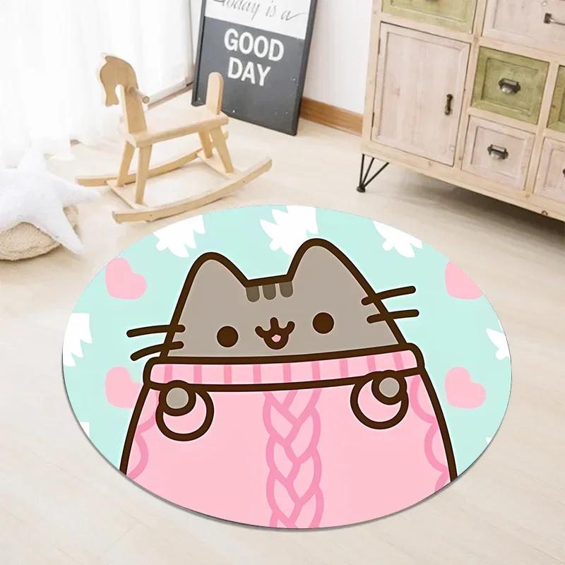 New Pusheen Cute Flannel Round Floor Mat Non-slip Carpet Cartoon Fat Cat Living Room Kitchen Bath Rug Home Decor Christmas Gifts