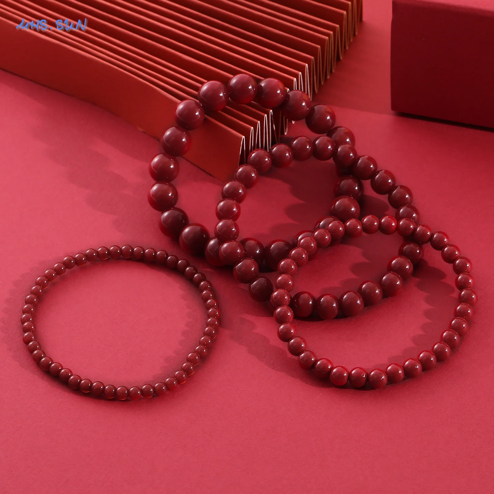MHS.SUN Vintage Red Round Beads Bracelet Bangle for Women Men New 4/6/8/10mm Beaded Elastic Bracelets Jewelry Party Gifts - view 6