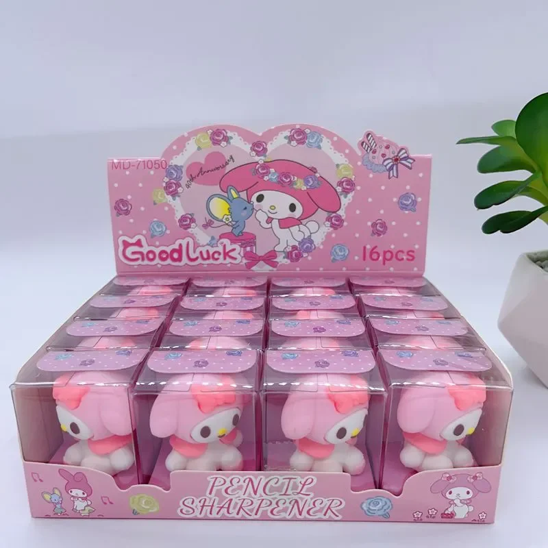 Imagem -04 - Sanrio Hello Kitty Pencil Sharpener Kuromi Melody Eraser Desenhos Animados Criativos Papelaria Kawaii Fofos Estudantes School Supply Pcs 16 Pcs