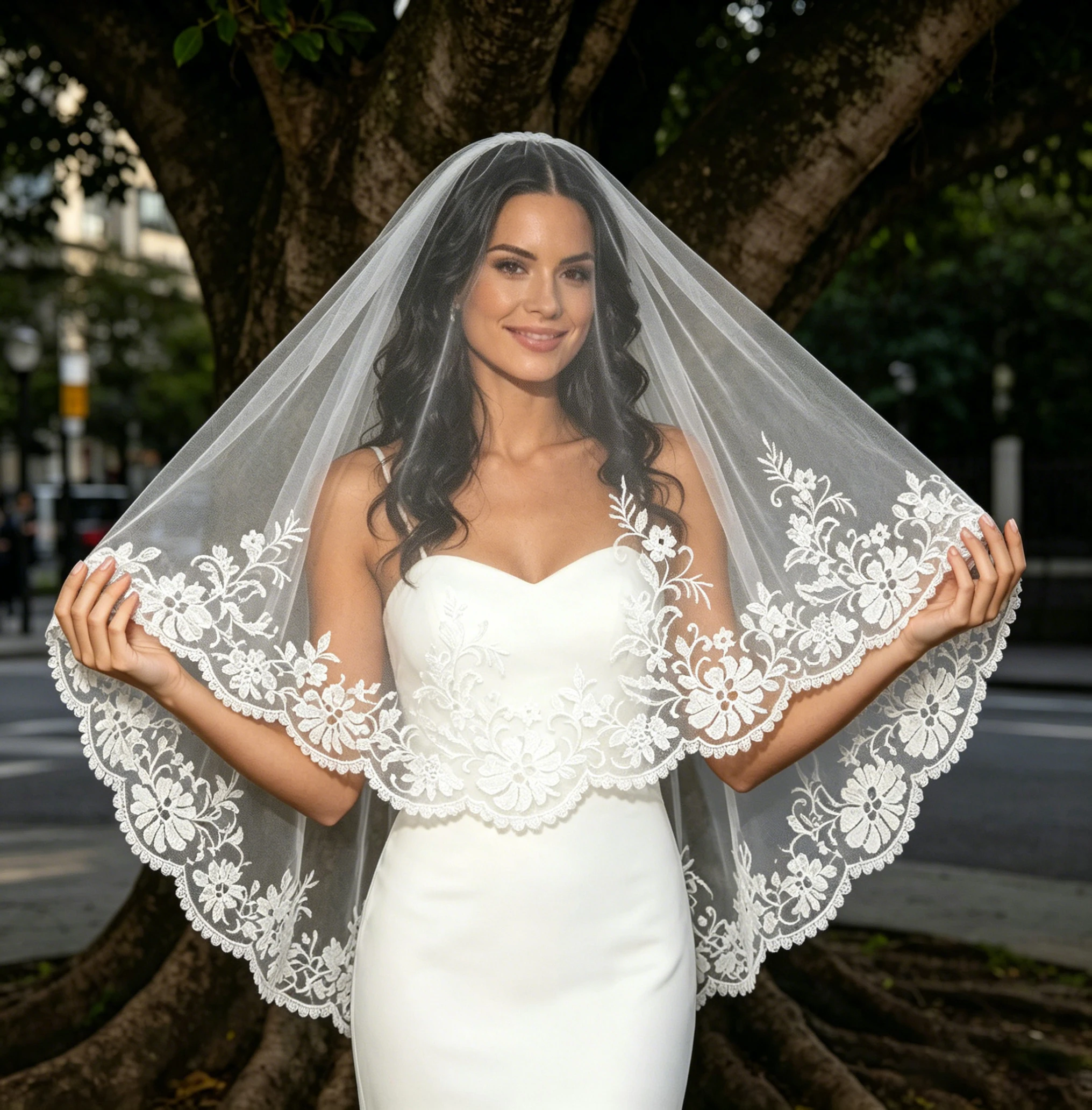 

2 Tiers Bridal Veils Floral Lace Border Wedding Veils with Blusher Bride Head Accessories Elbow Length Bohemian Tulle Veils G174