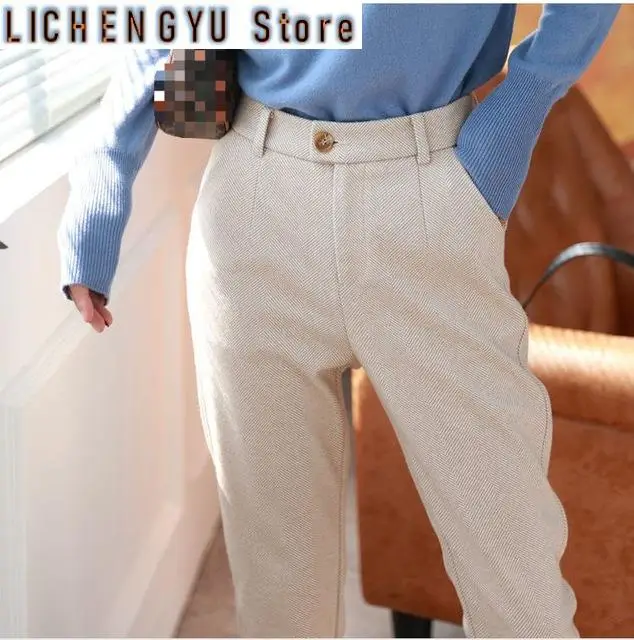 

New Woolen Pants Women's Harem Pencil Pants Autumn Winter High Waisted Casual Suit Pants Office Lady Women Trousers