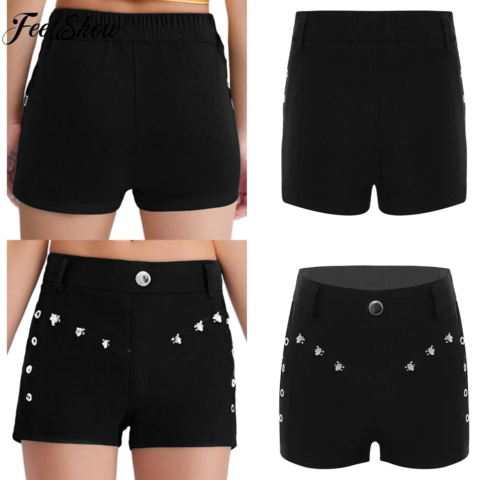 

Черные шорты для джазовых танцев в стиле хип-хоп для девочек, эластичный пояс, ушко, декор в виде черепа, шорты, детская модная одежда для выступлений на сцене