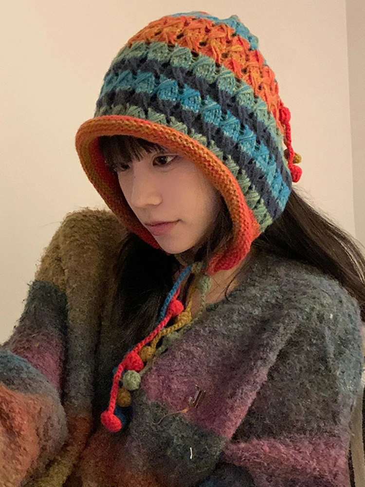 Fashion Knitted Casual Autumn Winter Bucket Hat Women Men Preppy Style Rainbow Striped Ladies Mujer Male Cover Head Caps Deanies