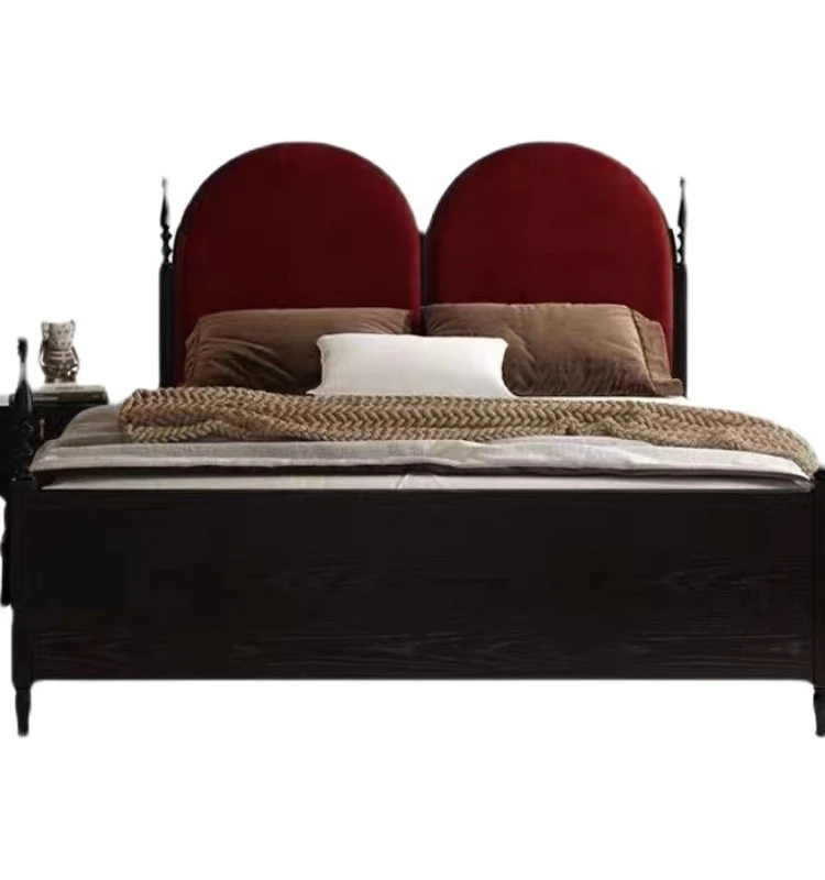 Retro solid wood double bed Old Paris oak black high back soft bed Roman column velvet bed