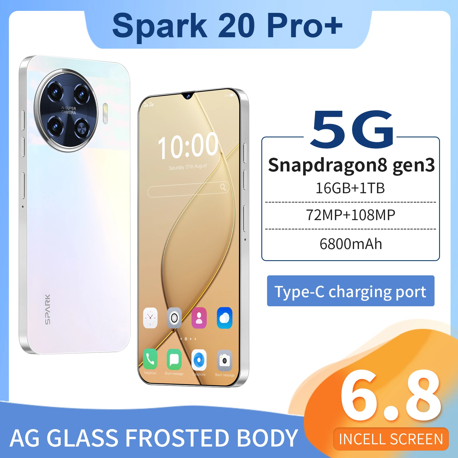 Spark20 Pro+ Mobile Phones 7.3HD Original Smartphone 5G Dual SIM Android14 Cell Phone Snapdragon8 Gen3 Global Version Cellphones