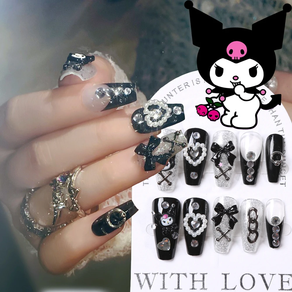 24tips Black Gothic Kuromi Ballet Press On Nails Pearl Heart Rhinestone Bow Cool False Nails Kuromi Metal Punk Fake Nails Tips