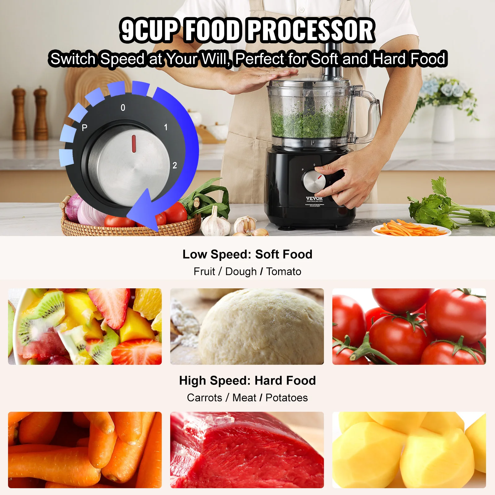 VEVOR Food Processor 9-Cup Vegetable Chopper for Chopping Slicing Shredding Puree and Kneading 600W Stainless Steel Blade  Black