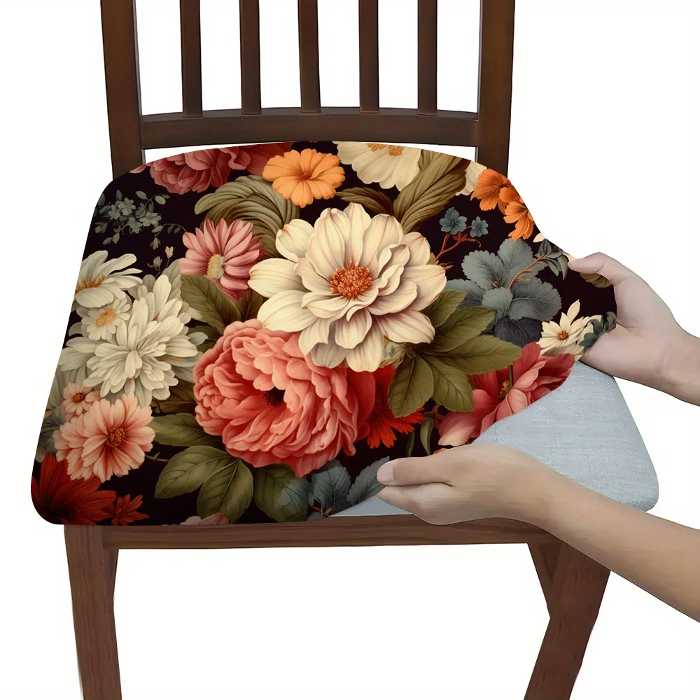 2/4/6pcs Chair Seat Slipcover,Vintage Dark Floral Peony Print Chair Slipcover for Home Decor