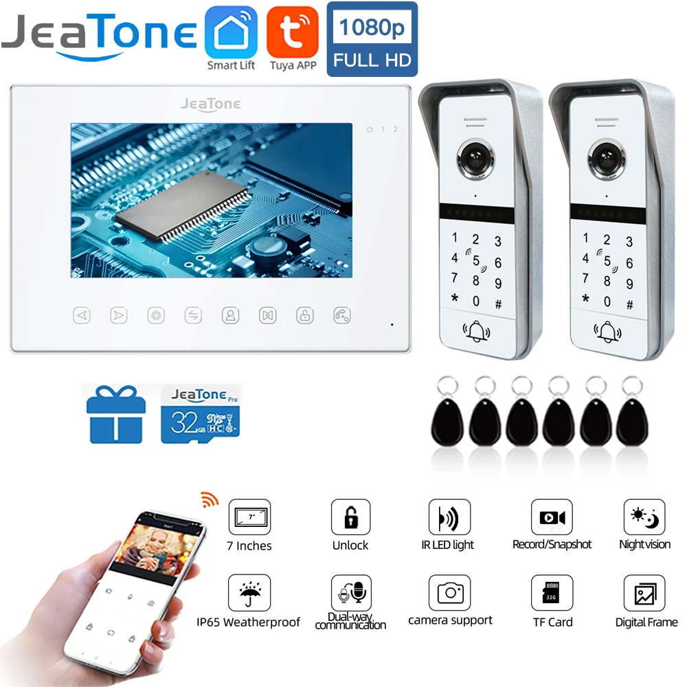 7-дюймовый 1080P TUYA беспроводной Wi-Fi двухдверный видеодомофон с обнаружением движения и RFID-картой, интеллектуальное инфракрасное ночное видение