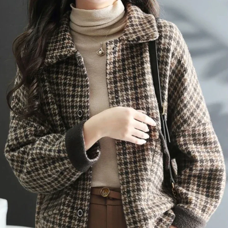 Printing Wool Blend Coat for Women Loose Houndstooth Mixtures Jacket Woman Elegant Novelty on Sale Medium Korean Style Clothing