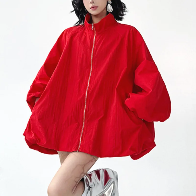 HKSH Frühling Herbst Neue Frauen Jacke Übergroßen Stehkragen Lange Laterne Hülse Zipper Einfarbig Streetwear Trendy Mantel HK12570