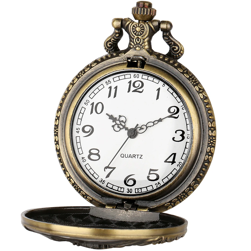 Bronze Train Pocket Watch with Chain Quartz Movement Necklace Pendant Pocket Clock Souvenir Retro Gift Men Women