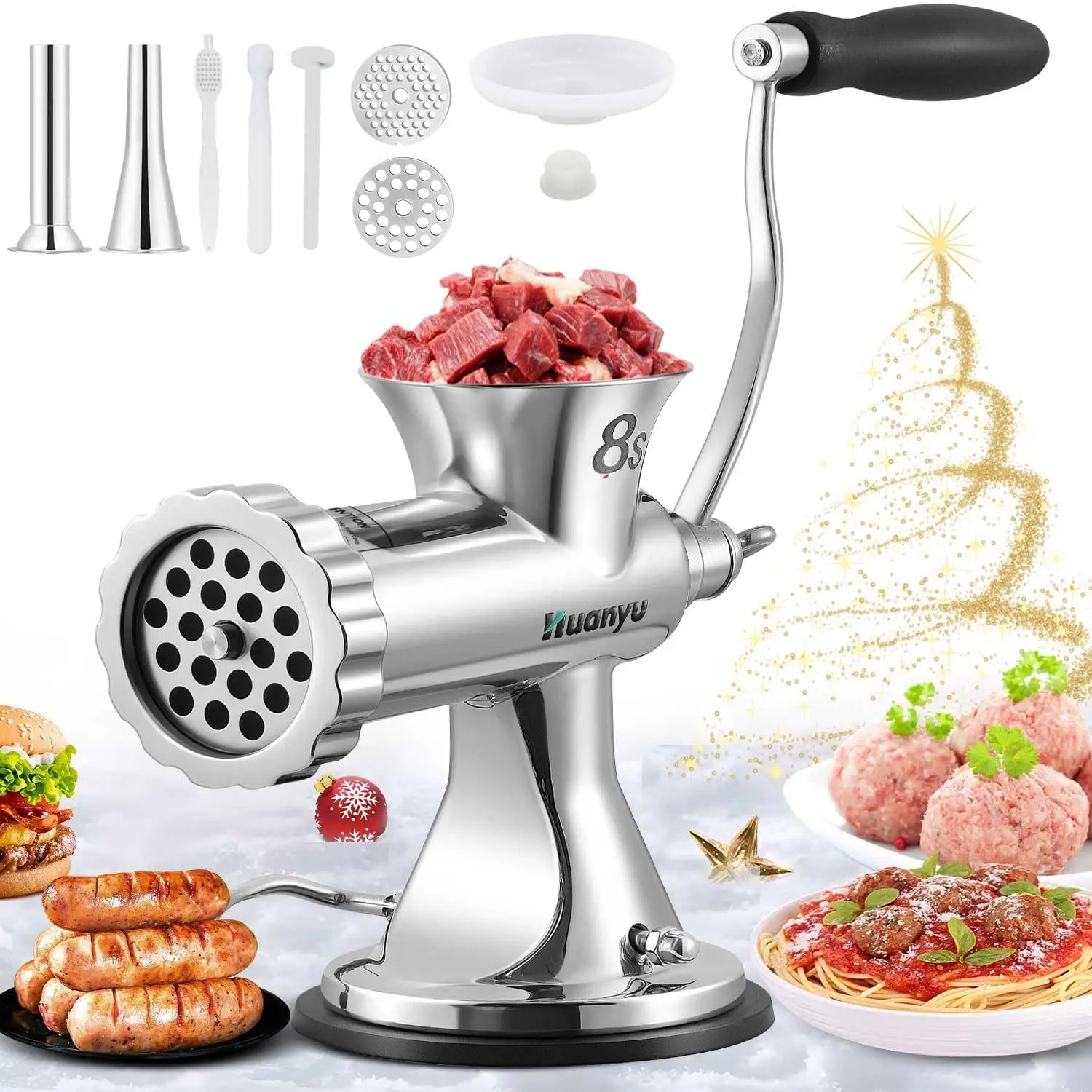 Meat Grinder with 2 Stainless Steel Sausage Stuffer Filler Hand Crank Mincer Meat Processor Grinding Machine Ground Chopper Home