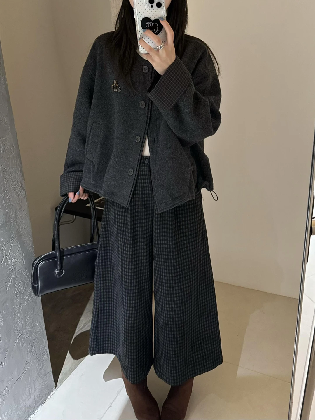 Ele ey Vintage Wollmantel für Damen, Wärmend, Kariert, Spleißdesign, Herbst-Winter, Koreanische Version, Gerader Schnitt