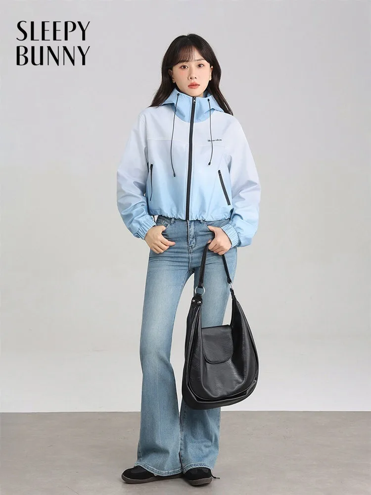 Gradient Hooded Short Jacket Women Lady Lightweight Windbreaker Coat Casual Outdoor Zip Up Crop Jacket Chic Spring Outerwear