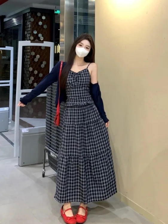 

plus Size Plaid Strap Dr Women's Thin Cardigan Top Set Ci Commute Sle Long Sve V-Ne A-Line Skirt Tee-Piece Set