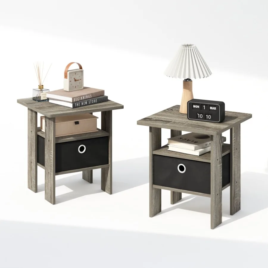 Tidur Bedside Table Nightstand with Bin Drawer French Oak Black Set of 2