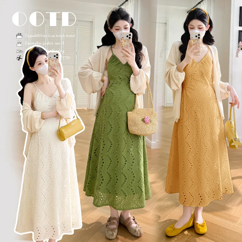 

Maternity Suit Summer 2026 French Style V Neck Hollow Embroidery Spaghetti Strap Dress and Thin Cardigan for Pregnant Women