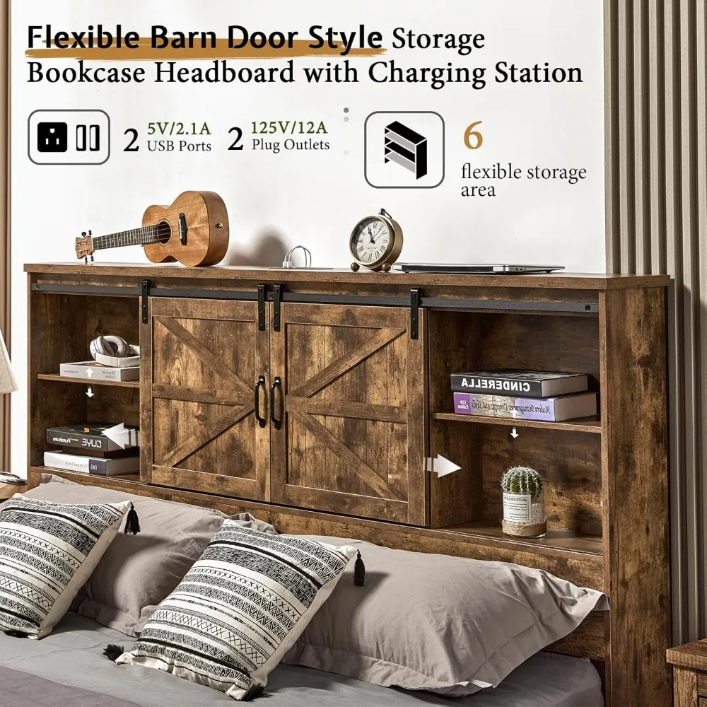 Деревянная кровать размера «queen-size» с изголовьем книжного шкафа, двумя ящиками и зарядной станцией — коробчатая пружина не требуется