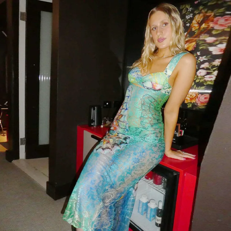 WeiYao-vestido de encaje transparente sin mangas para mujer, con espalda descubierta traje Sexy, elegante y ajustado, estampado de mariposa y efecto teñido de Halo, vestido de fiesta