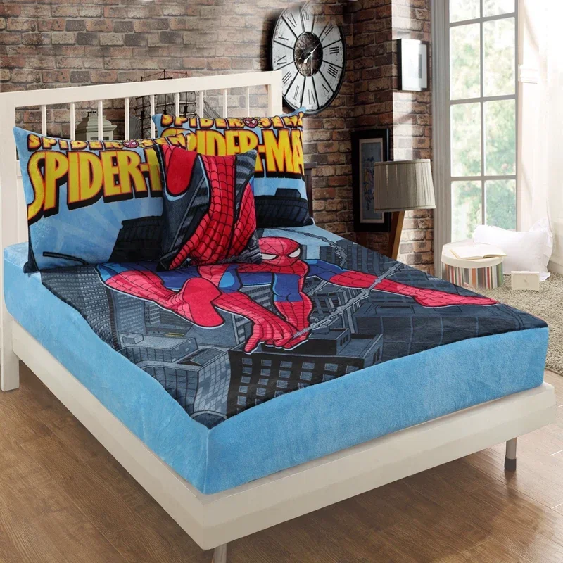 Disney Stitch Spiderman Mc Queen Cars Flannel Blanket Fitted Sheet with An Elastic Band Bed Linen Bedspread Mattress Cover