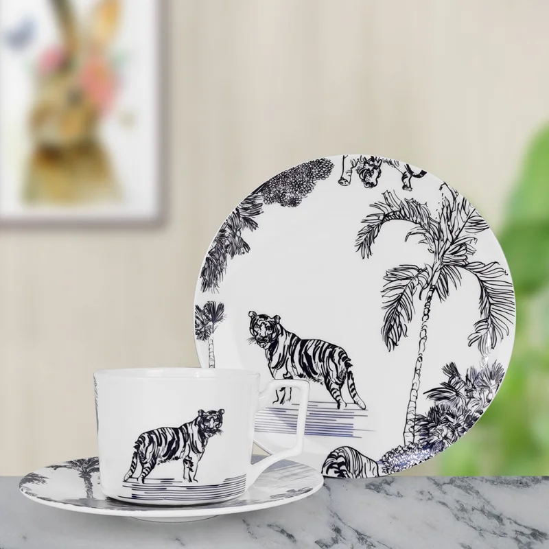 High Grade Bone Porcelain Dinner Set Plates and Dishes Black and White Jungle Tiger Ceramic Plate