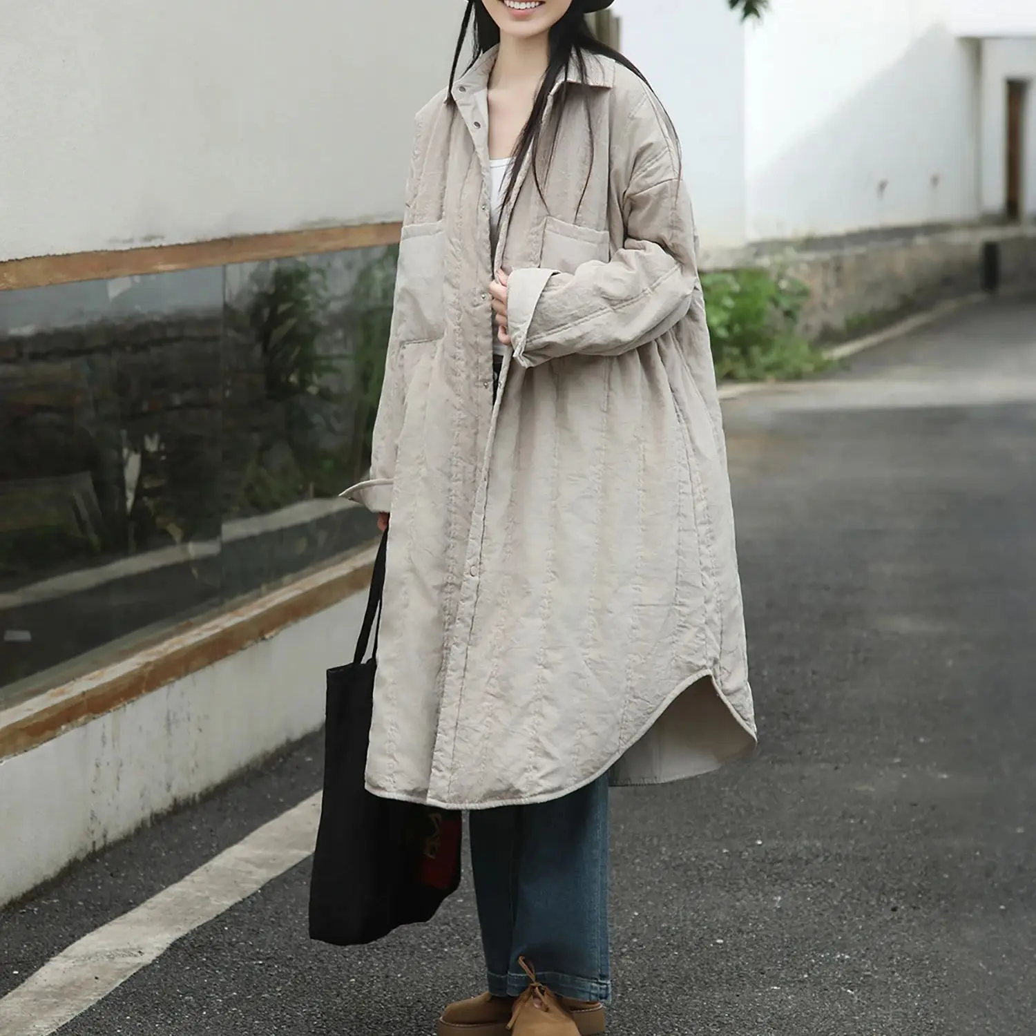 LZJN المرأة الشتاء الرجعية مستوحاة النمط الأدبي قميص طوق معطف مبطن فضفاض منتصف طول تصميم مع جيوب كبيرة عصرية #6