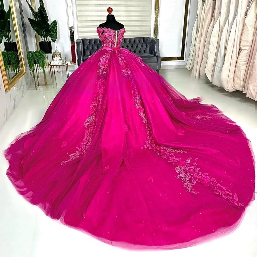 Vestidos de Quinceañera de princesa fucsia, vestido de baile sin hombros, apliques de tul, dulce 16 vestidos, 15 Años, mexicano