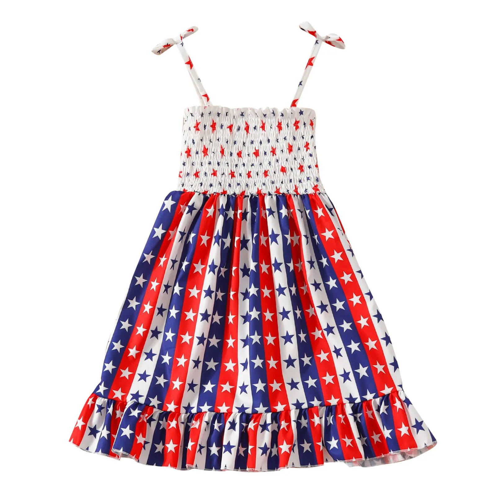 Kids Spaghetti Strap Dress Toddler Girls American Independence Day Princess Dress Baby Stripe Stars Print Sleeveless Daily Dress