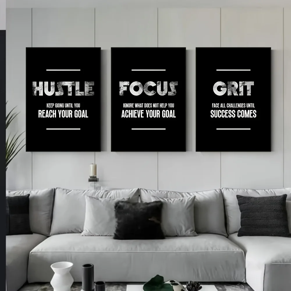 Affiches Hustle, Focus, Grit, décor de lieu de travail de motivation avec lettres blanches audacieuses sur fond noir, réalisation des buts Q, 3 pièces
