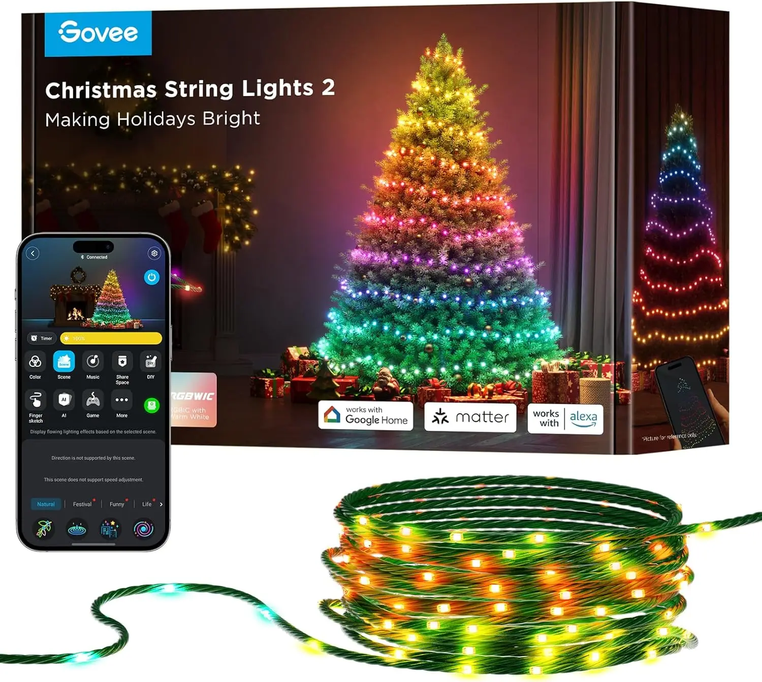 Govee-luces navideñas para árbol de Navidad, cadena de luces inteligentes con función de mapeo de forma, 2, Rgbwic, 99 pies, 300led