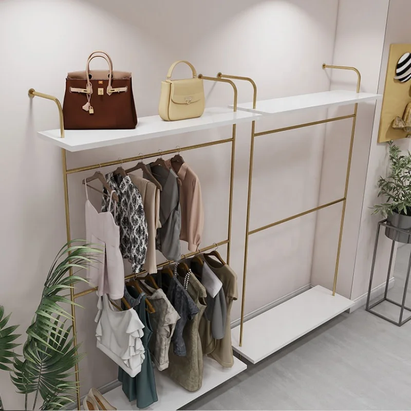 Custom, Custom Mooie Gouden Muur Gemonteerde Kledingstuk Rek Retail Kleding Winkel Interieur Lay-Out Ontwerp