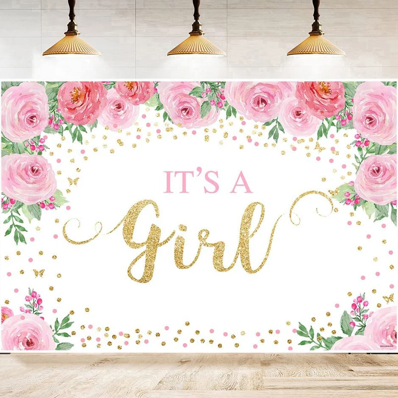 It's a Girl Photography Backdrop Baby Shower Pink Flowers Background Rose Gold Gltiter Shining Dots Gender Reveal Party Decor