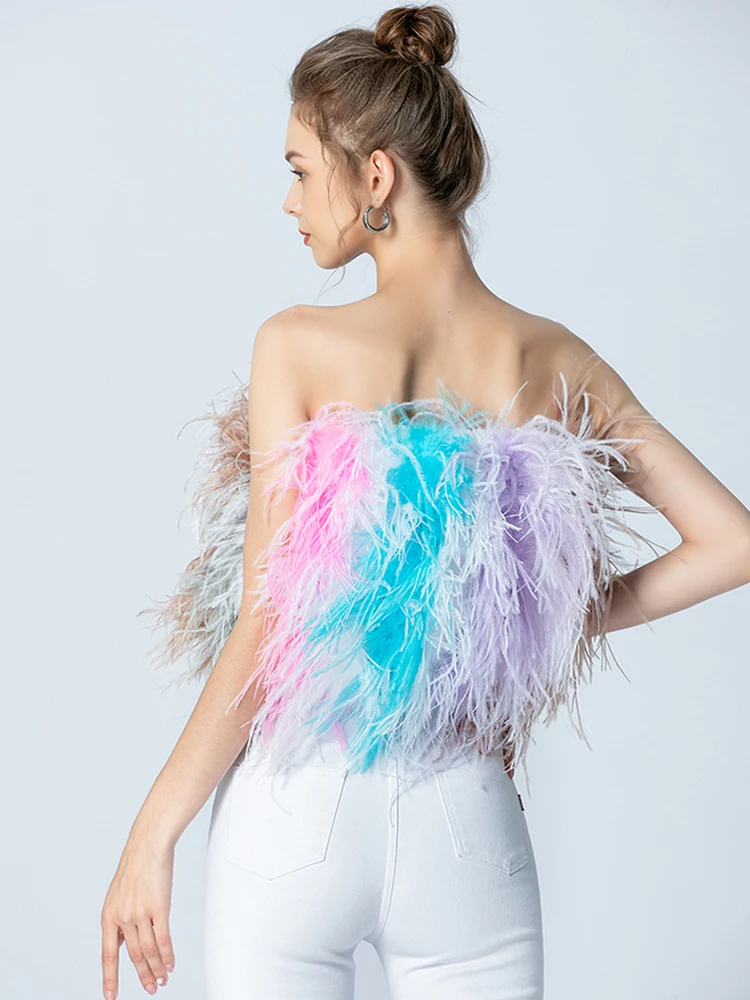 Feather Tops Women's Summer Sexy Tube Top Sleeveless Backless Real Fur Top Female Fashion Party Club Fluffy Ostrich Fur Coat 6XL