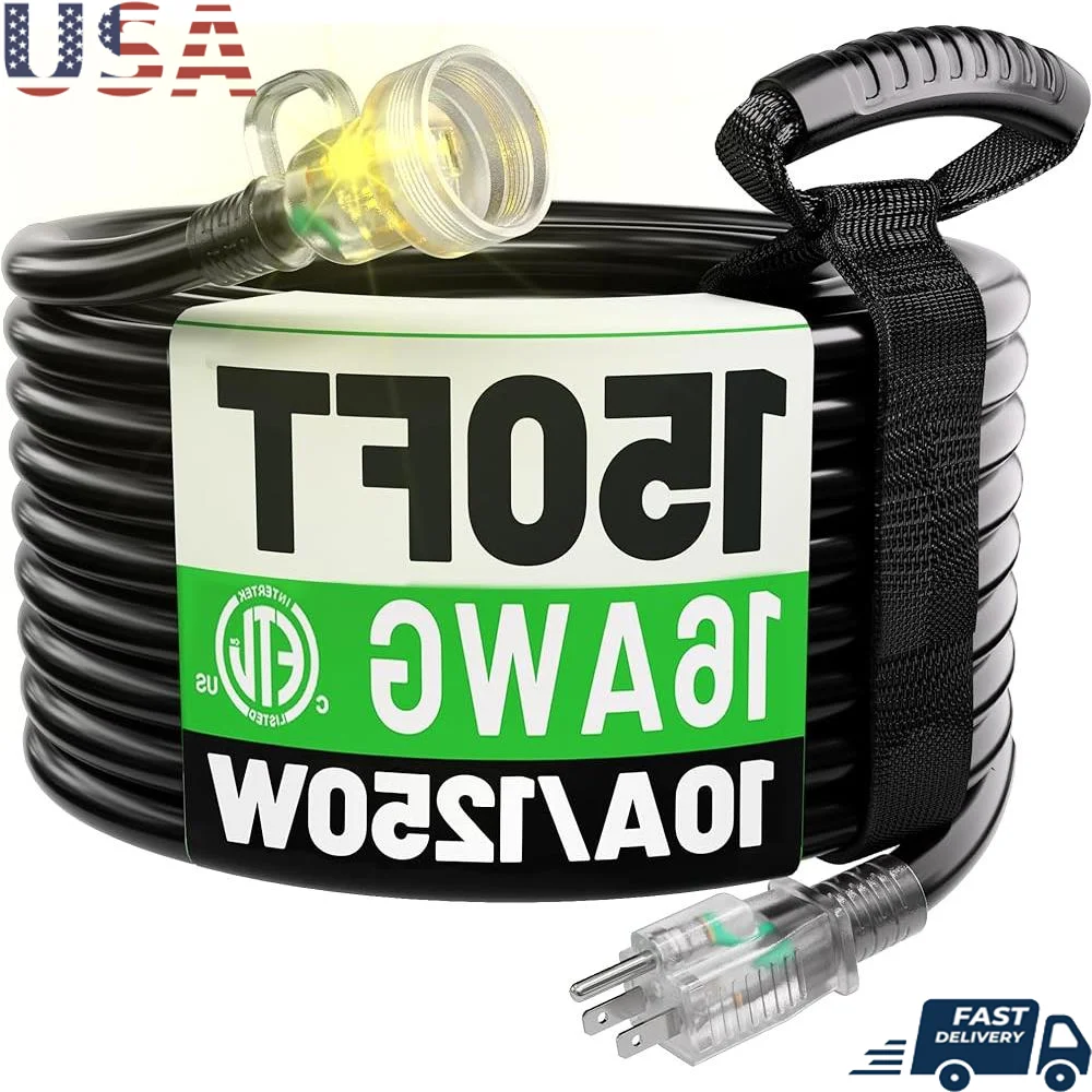

150FT Heavy Duty Outdoor Extension Cord Waterproof 16 Gauge 3 Prong Flexible Cold Weather Cold Resistance 10AMP 125V Extension