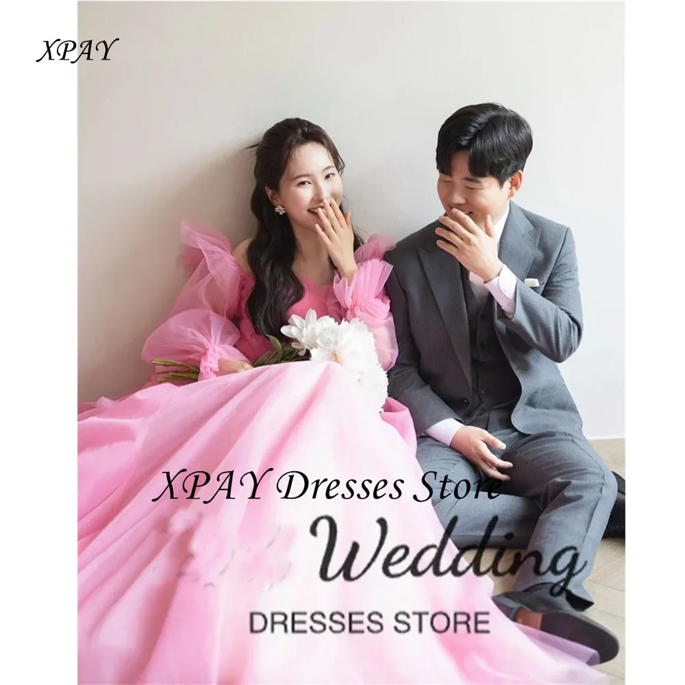 

XPAY Princess Korea Wedding Photo Shoot Dresses Pink Soft Tulle A-line Bridal Gown with Puff Sleeves Customized Gown for Bride
