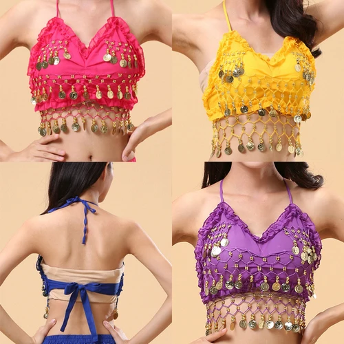 Traje de danza del vientre para mujer, sujetador acolchado, Top con cuello Halter, monedas, trajes de actuación con lentejuelas, Tops cortos sexys para fiesta y Club, con cordones
