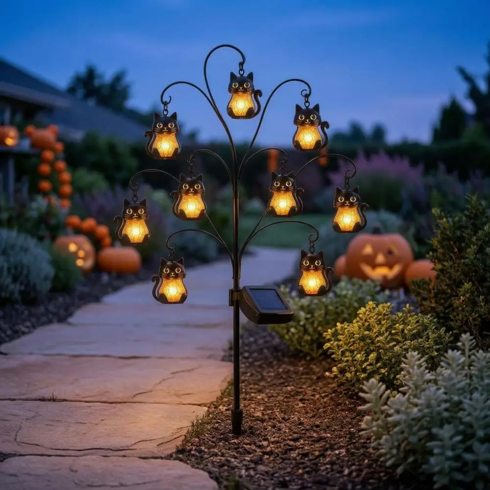 Witch Hat Garden Decor Halloween Solar Tree Stump Light with Ghost Pumpkin Cat Ornaments Twinkling Garden Stake Light Vintage