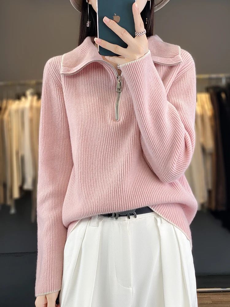 New Autumn Winter Women's Zipper Turn Down Collar Pullover Sweater 100% Merino Wool Knitwear Casual Korean Popular Clothes Tops