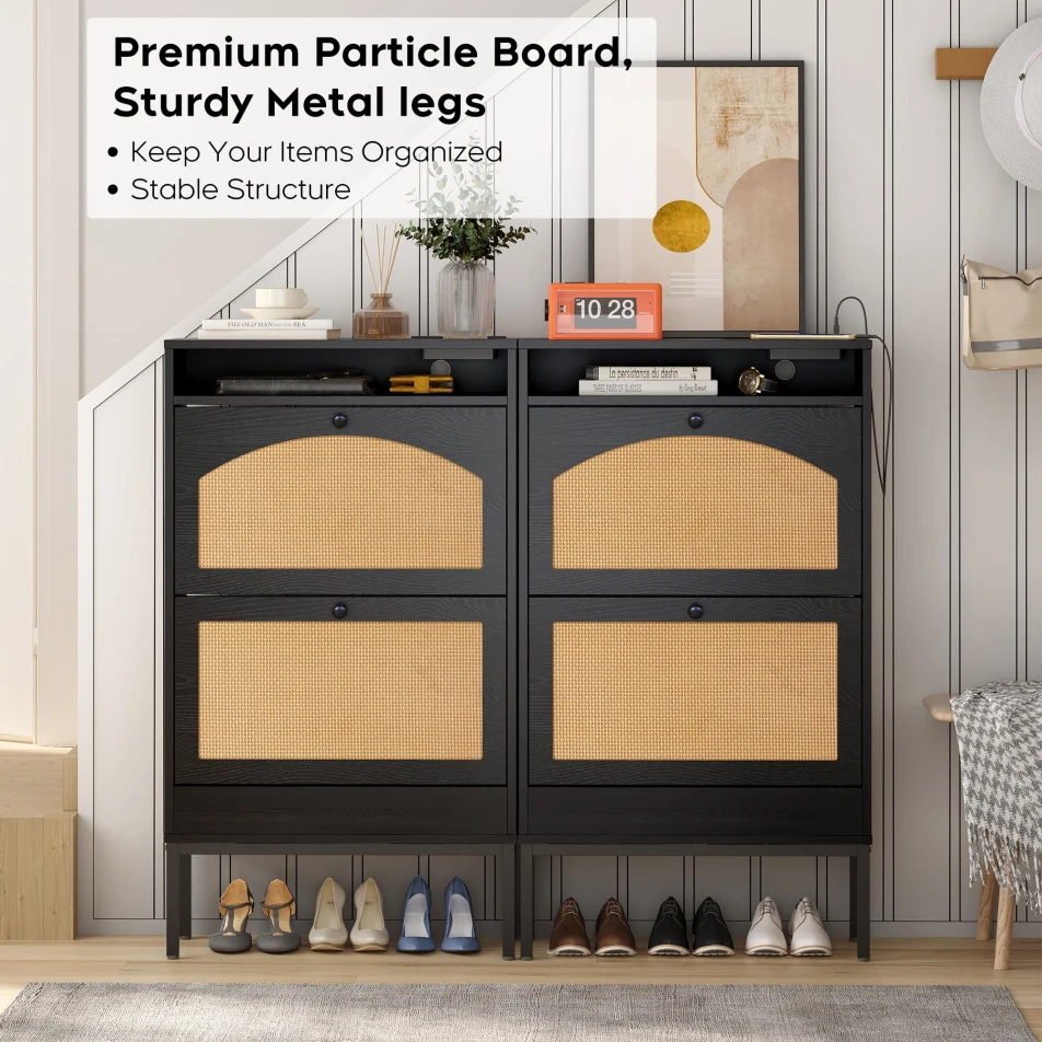Slim Wooden Shoe Storage Cabinet with 2 Flip Rattan Drawers and Charging Station for Entryway