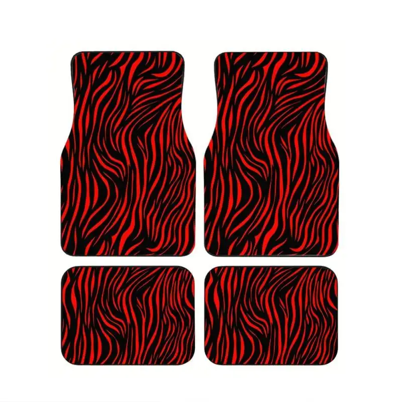 

4Pcs Red Black Zebra Print Car Floor Mats Bold Animal Pattern Non-Slip Durable Universal Carpet Interior Accessories For SUV