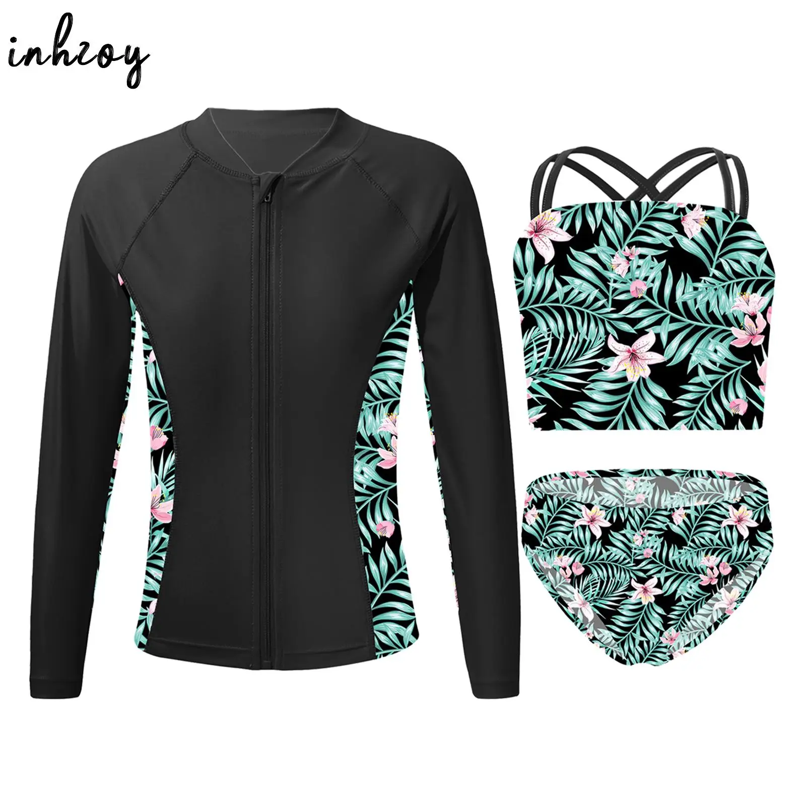 

3Pcs Girls Swimsuits Swimming Bathing Suit Printed Bikini Set with Long Sleeve Outerwear Rash Guards Beachwear Swimwear UPF 50