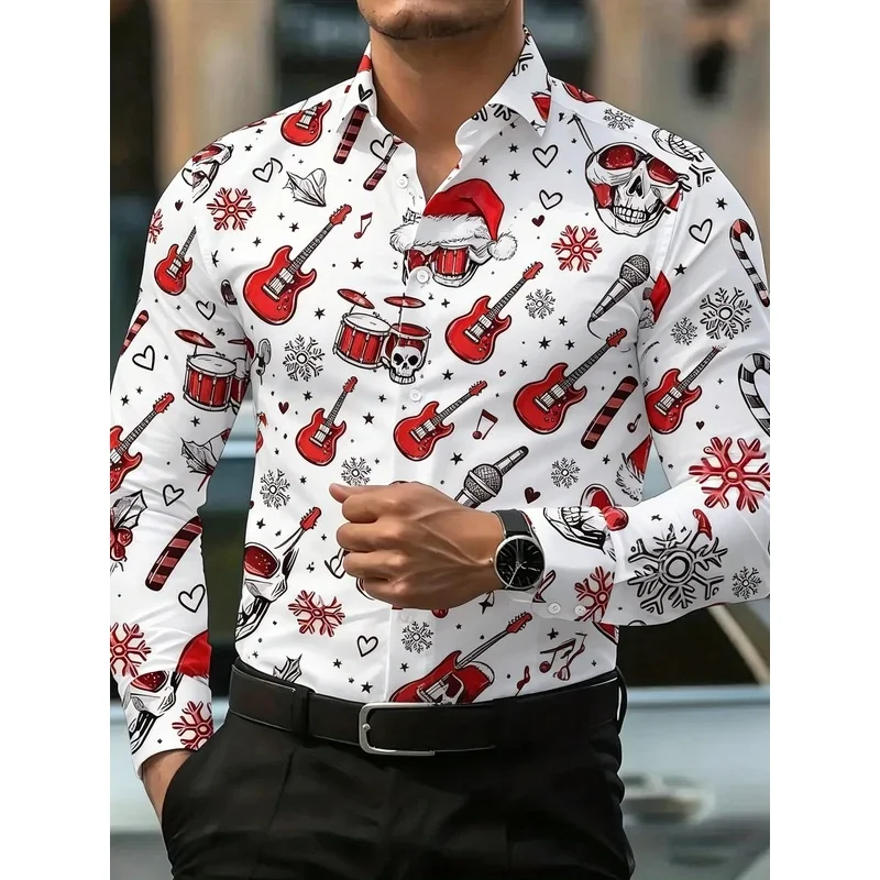 Men Turn‑Down Collar Long Sleeve Button‑Up Shirt Skull Santa Hat Snowflake Print Gothic Christmas Party Top