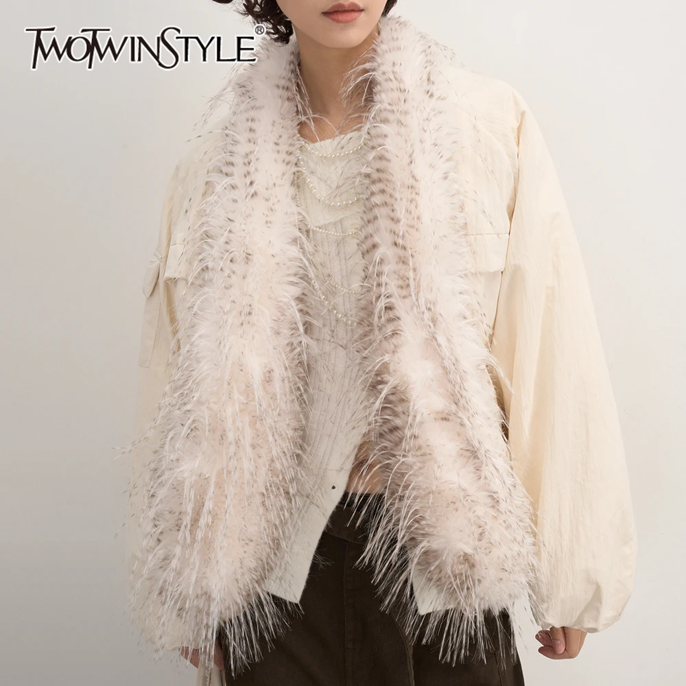 

TWOTWINSTYLE Solid Fashion Spliced Feather Down Coats For Women Long Sleeve Patchwork Pearl Chain Jacket Female Clothes Style