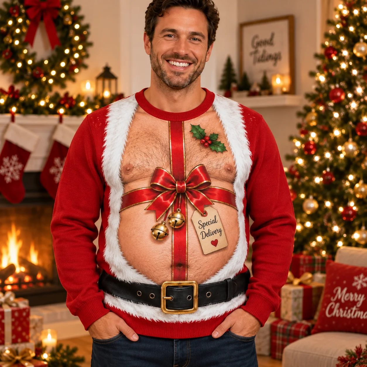 Novelty Fake Bikini 3D Print Ugly Christmas Sweatshirt Unisex O Neck Long Sleeve Xmas Holiday Party Top