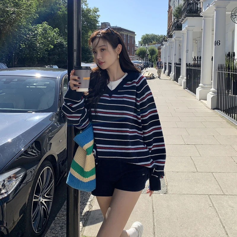 Suéter de Punto a Rayas de Manga Larga, Cuello en V, Estilo Casual Hoado, para Mujer, Otoño Invierno, Moda, Cómodo y Casual